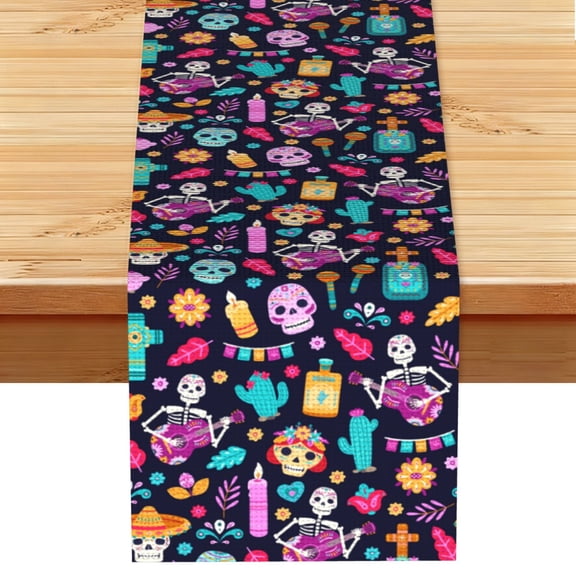 Skull Day Dead Mexican Flower Table Runner 13x72 Inch for Dining Table Kitchen Wedding Party Decor Fireplace Mantle