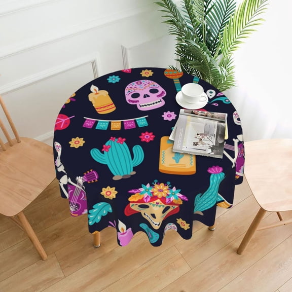 Skull Day Dead Mexican Flower Tablecloths Round 60 inch Fabric Table Cloth Cover for Dining Kitchen Wedding Party
