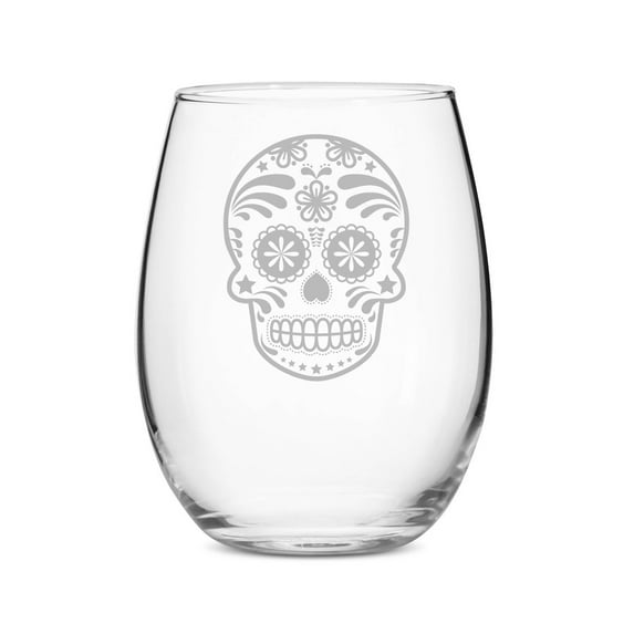 Skull Day of the Dead 15 oz Stemless Wine Glass