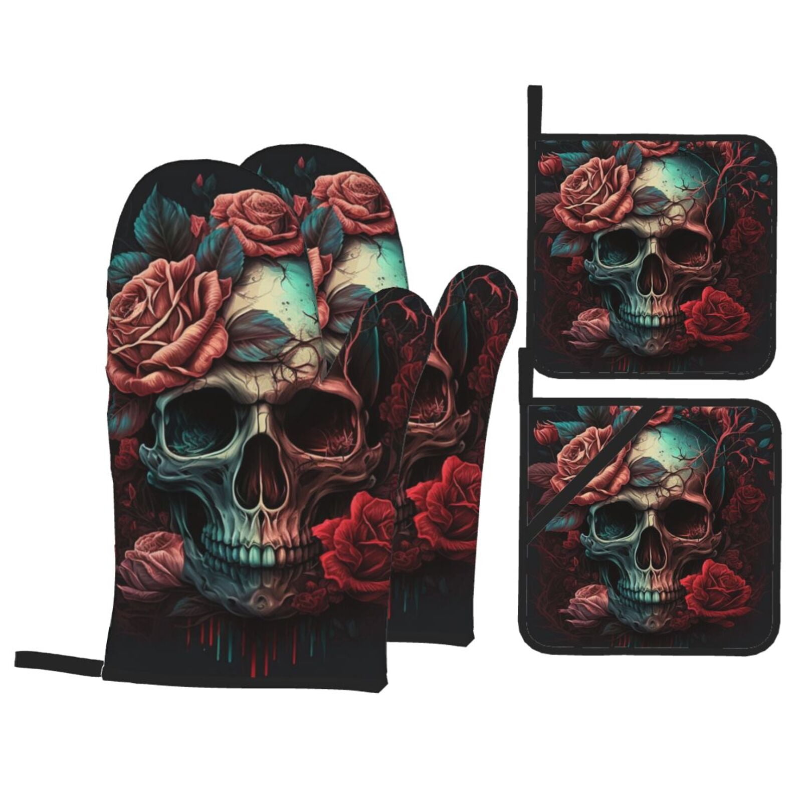Skull Death Roses Retro 4Pcs Oven Mitts and Pot Holders Sets Oven Kitchen Gloves Hot Pads for Cooking BBQ Baking Grilling