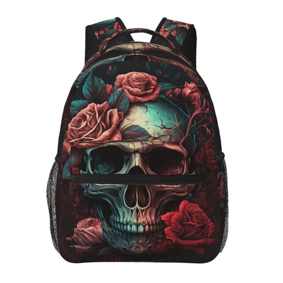 Skull Death Roses Retro Backpack Casual College Bag Zipper Laptop Daypack Hiking Rucksack Travel