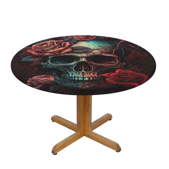 Skull Death Roses Retro Fitted Round Tablecloth 130cm with Elastic Edge, Waterproof Table Cover Furniture Protector for Patio, Dining Room Restaurant