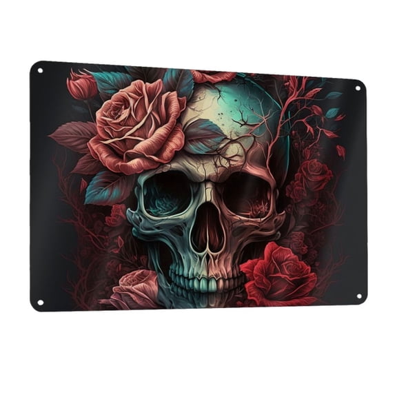Skull Death Roses Retro Metal Tin Sign Wall Decor for Home Bars Restaurants Cafes Store Pubs Sign Gift 12 X 8 Inch