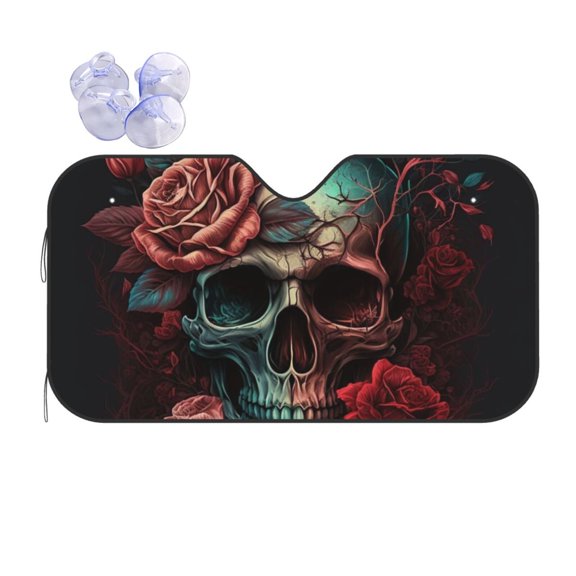 Skull Death Roses Retro Reflective Car Windshield Sunshade, UV Ray Reflector Sun Visor Universal Fit for SUVs, Trucks, Sedans,M