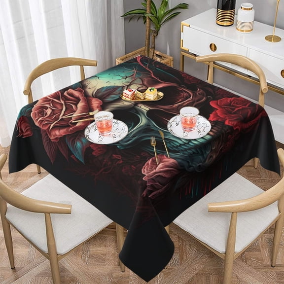 Skull Death Roses Retro Square Tablecloth 54x54 Waterproof Table Cover for Dining Table, Parties, Weddings, Picnics, Cafes