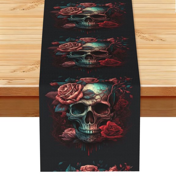 Skull Death Roses Retro Table Runner 13x72 Inch for Dining Table Kitchen Wedding Party Decor Fireplace Mantle