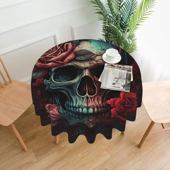 Skull Death Roses Retro Tablecloths Round 60 inch Fabric Table Cloth Cover for Dining Kitchen Wedding Party