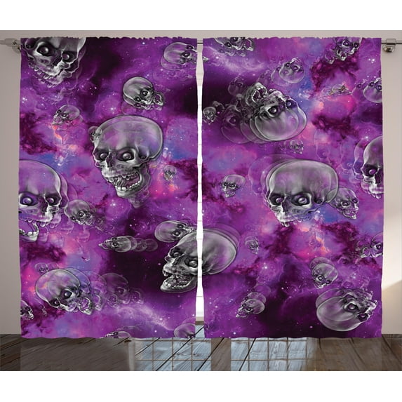 Ambesonne Skull Curtains 2 Panel Set, Halloween in Outer Space, 108" x 90", Black and Purple