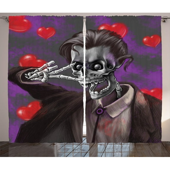 Ambesonne Skull Curtains 2 Panel Set, Romantic Skeleton Hearts, 108" x 84", Black and Red