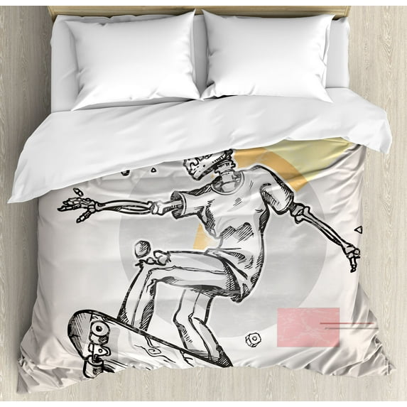Skull Decor Queen Size Duvet Cover Set, Punk Rocker Skeleton Boy on a Skateboard Skiing with Abstract Background, Decorative 3 Piece Bedding Set with 2 Pillow Shams, Light Grey Cream, by Ambesonne