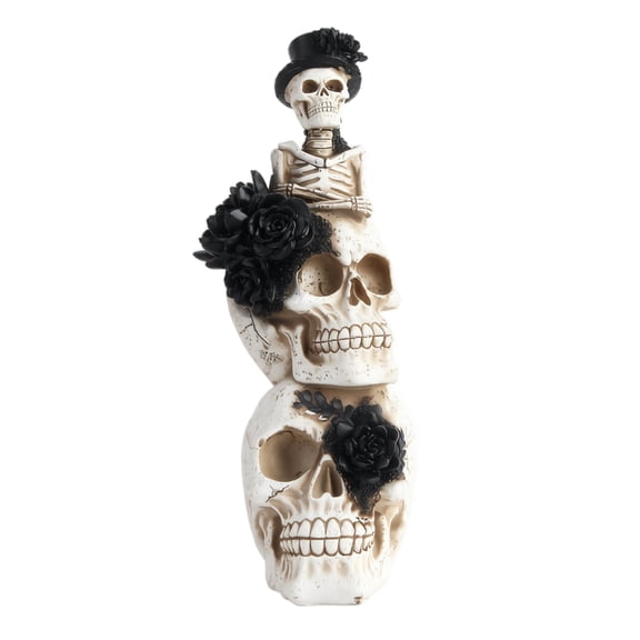 Skull Decor Stacked Art Figurine with Black Roses Top Hat Small Skeleton Accent for Halloween Themed Indoor Home Party Display