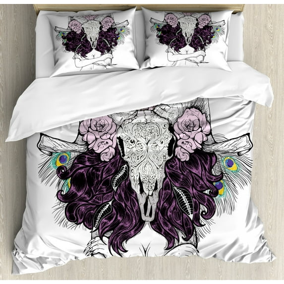 Skull Decorations Queen Size Duvet Cover Set, Tribal Lady with Horned Goat Head and Peacock Feather Mystic Voodoo Pattern, Decorative 3 Piece Bedding Set with 2 Pillow Shams, Multi, by Ambesonne