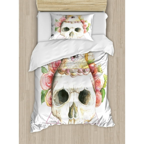 Skull Decorations Twin Size Duvet Cover Set, Traditional Mexican Sugar with Sacred Eye Sign and Geometric Triangle Figures, Decorative 2 Piece Bedding Set with 1 Pillow Sham, Multi, by Ambesonne