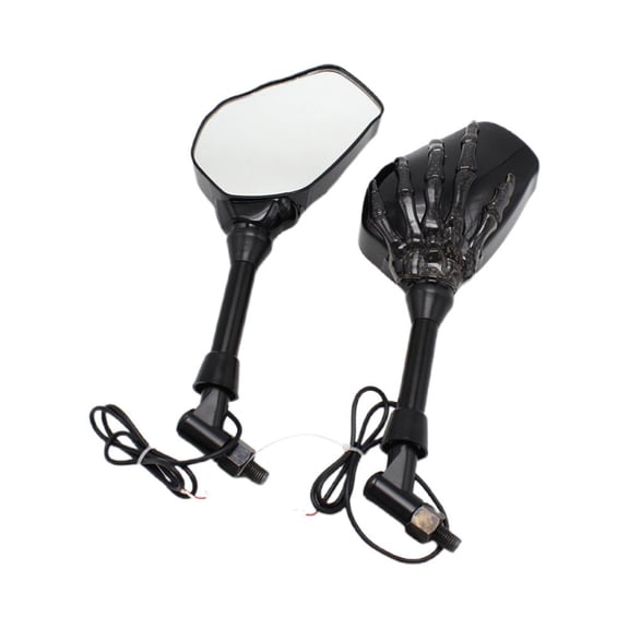 Skull Design Motorcycle Rear View Mirrors Pair, 12V LED Turn Signal Smoke Lens, Black Housing, Universal Fit for Most Bikes