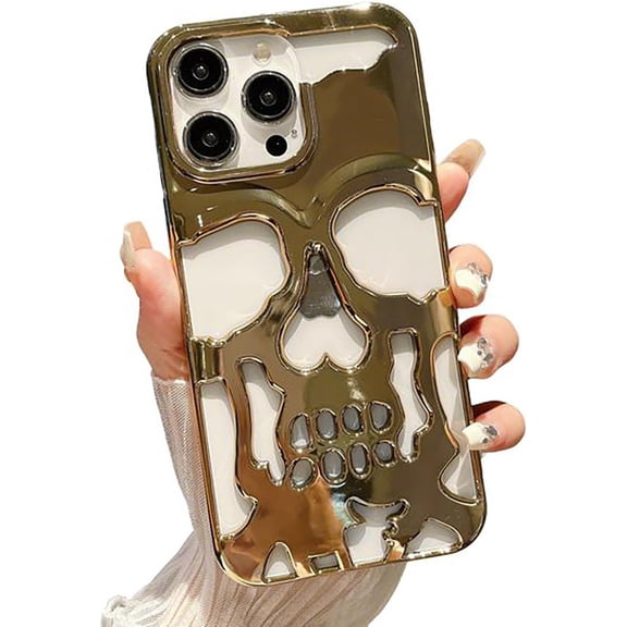 Skull Design for iPhone 16 Case Hollow-Out Ventilation Cover Creative Gothic Skeleton Pattern Slim Lightweight Protective Phone Shell,Plated Gold