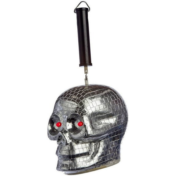 6.5" Skull Shaped Mirror Disco Ball Decoration With Red LED Eyes And Spinner