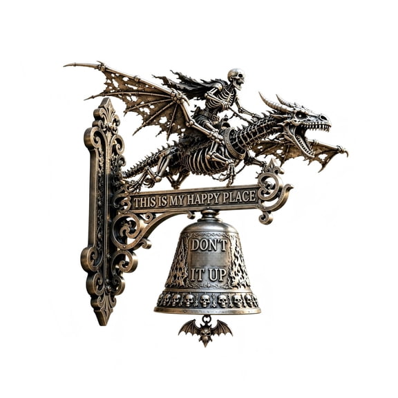 Skull Dragon Rider Bell Wall Decor, Gothic Skeleton Dragon Rider Bell Sign, Medieval Fantasy Hanging Bell for Front Door, Gaming Room, Bar, Gothic Decor (B)