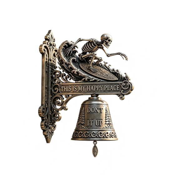 Skull Dragon Rider Bell Wall Decor, Gothic Skeleton Dragon Rider Bell Sign, Medieval Fantasy Hanging Bell for Front Door, Gaming Room, Bar, Gothic Decor (C)