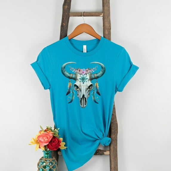 Skull Dreamcatcher Shirt, Boho T-shirt, Dream Catcher Tee, Dreamer Tee, Floral Skull Shirt, Dreamcatcher T-Shirt, Inspirational Shirt (Colors:Aqua; Sizes:3XL;)