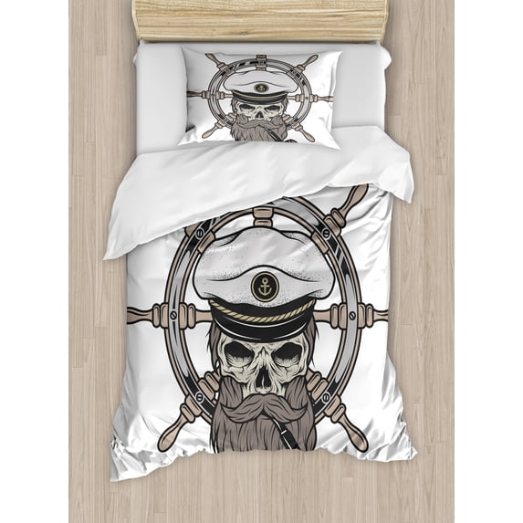 Skull Duvet Cover Set, Captain Pirate in Sailor Hat Beard and Nautical Theme Print Nautical, Decorative 2 Piece Bedding Set with 1 Pillow Shams, Twin Size, White Brown Grey, by Ambesonne