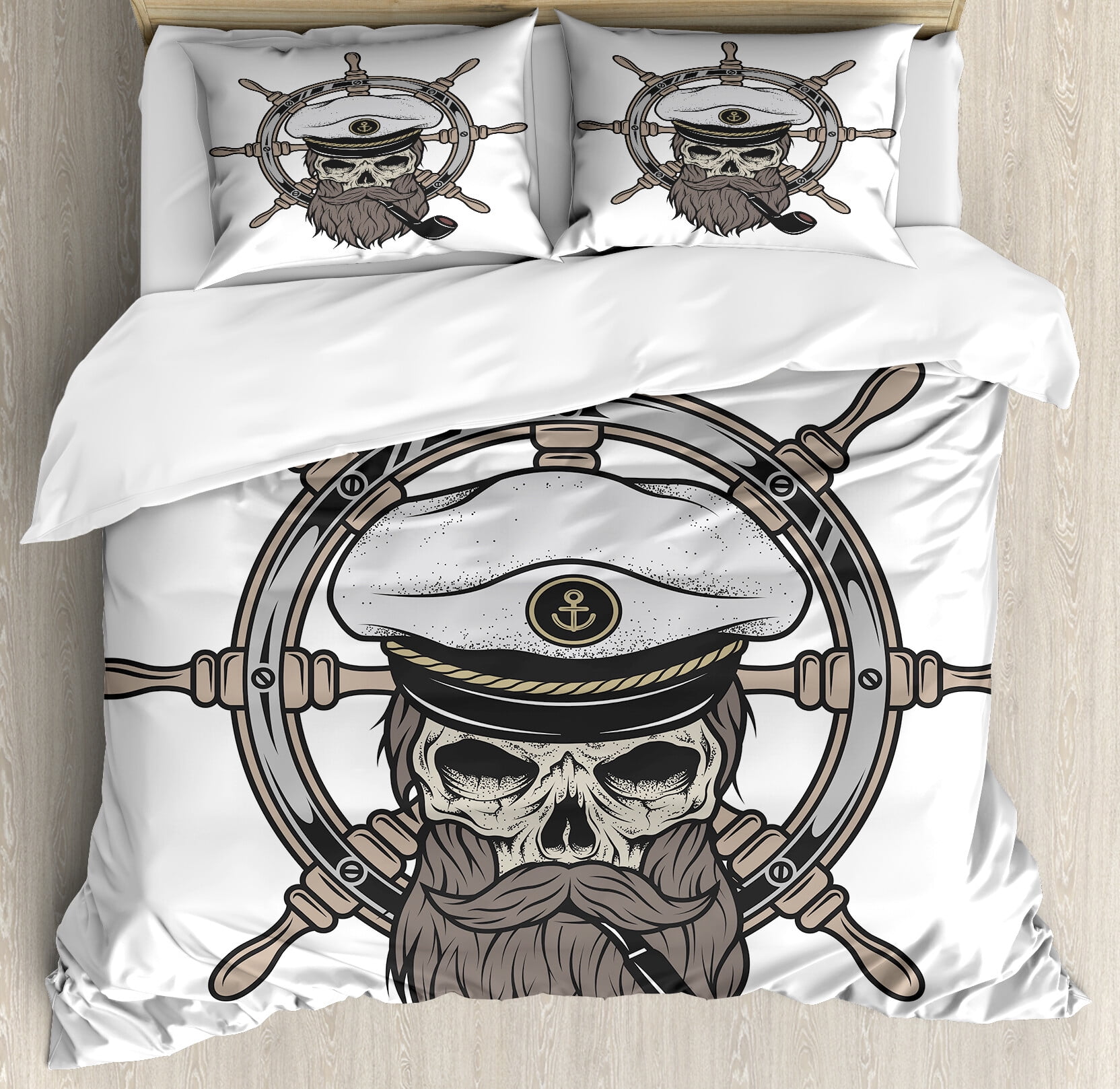 Skull Duvet Cover Set, Captain Pirate in Sailor Hat Beard and Nautical Theme Print Nautical ...