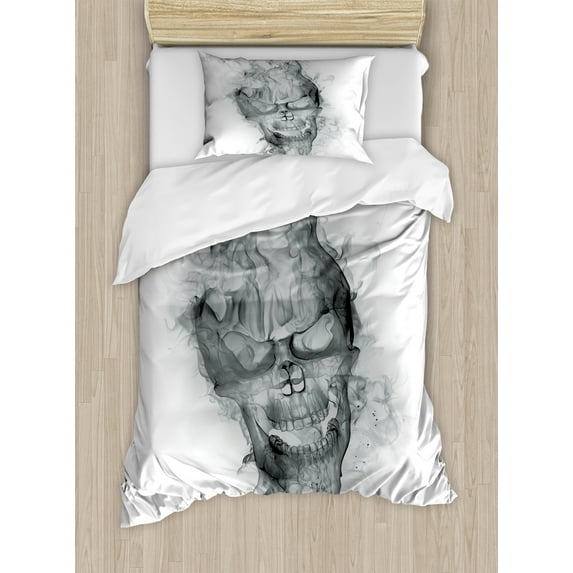 Skull Duvet Cover Set, Contemporary Illustration of Smokey Grungy Dark Horror Style Devil Evil Print Art, Decorative 2 Piece Bedding Set with 1 Pillow Shams, Twin Size, Grey White, by Ambesonne