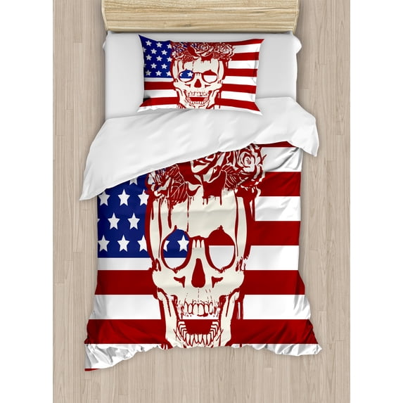 Skull Duvet Cover Set, Dead Human Head with a Floral Wreath USA American Stars Humor Illustration, Decorative 2 Piece Bedding Set with 1 Pillow Shams, Twin Size, Red White, by Ambesonne