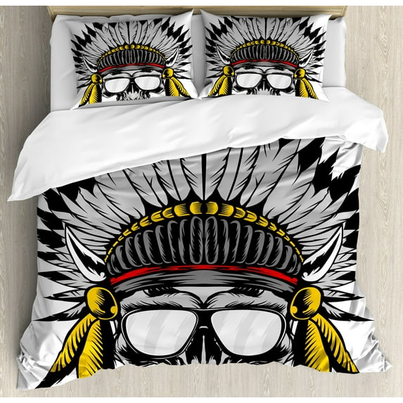 Skull Duvet Cover Set, Dead Tribe Leader Feather Head Crown with Glasses, Decorative 3 Piece Bedding Set with 2 Pillow Shams, Calking Size, Grey Yellow and Red, by Ambesonne