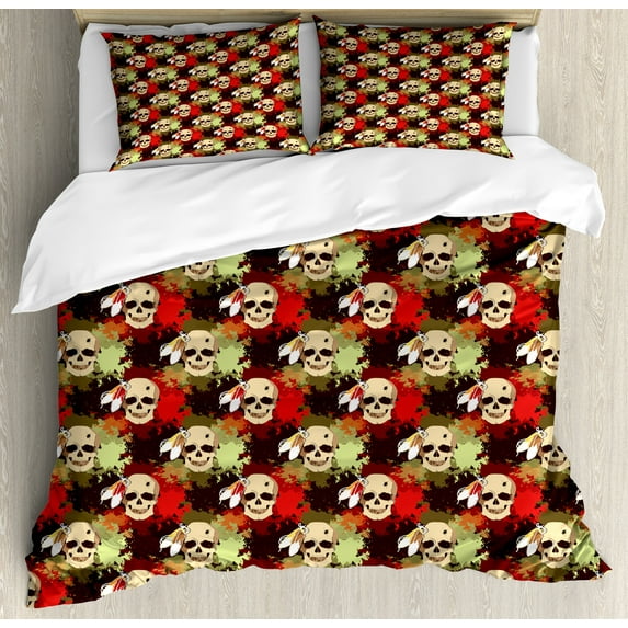 Skull Duvet Cover Set, Skull with Feathers Tribe Backdrop with Colorful Blood Splash, Decorative 3 Piece Bedding Set with 2 Pillow Shams, Queen Size, Pistachio Green Cream, by Ambesonne