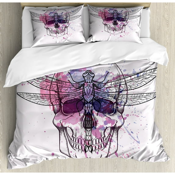 Skull Duvet Cover Set, Grunge Illustration of Human Skull Dragonfly with Watercolor Splash Sketchy, Decorative 3 Piece Bedding Set with 2 Pillow Shams, Queen Size, Purple Pink Black, by Ambesonne