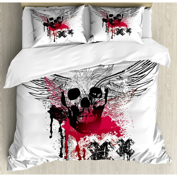 Skull Duvet Cover Set, Grunge Wings and Skulls with Signs Color Stains Background Punk Style Art, Decorative 3 Piece Bedding Set with 2 Pillow Shams, Calking Size, Black Pink White, by Ambesonne