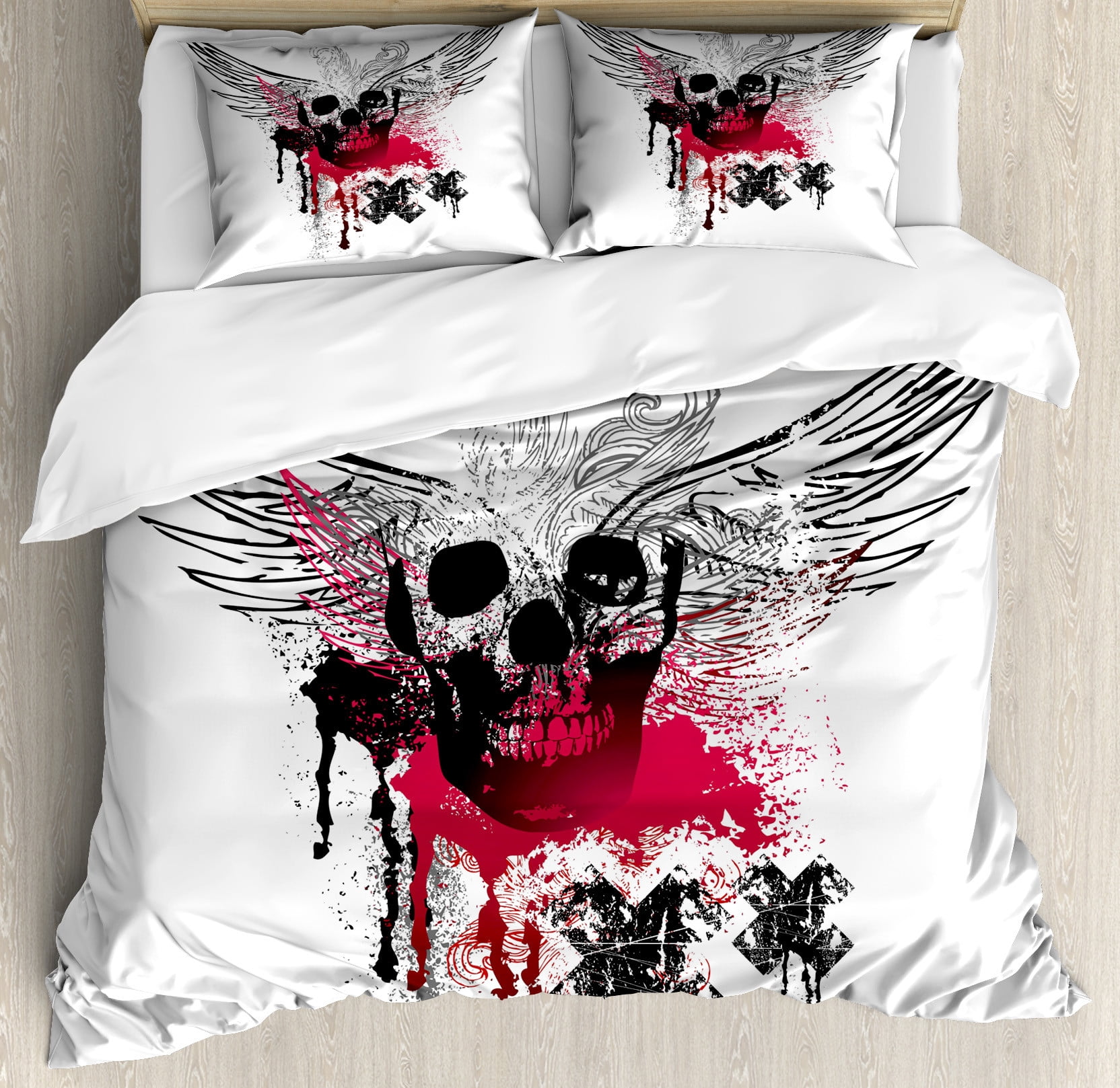Skull Duvet Cover Set, Grunge Wings and Skulls with Signs Color Stains