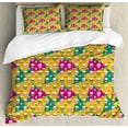 thumbnail image 1 of Skull Duvet Cover Set, Head Bones Print on Colorful Geometric Triangle Background, Decorative 3 Piece Bedding Set with 2 Pillow Shams, Queen Size, Earth Yellow Jade Green, by Ambesonne, 1 of 3