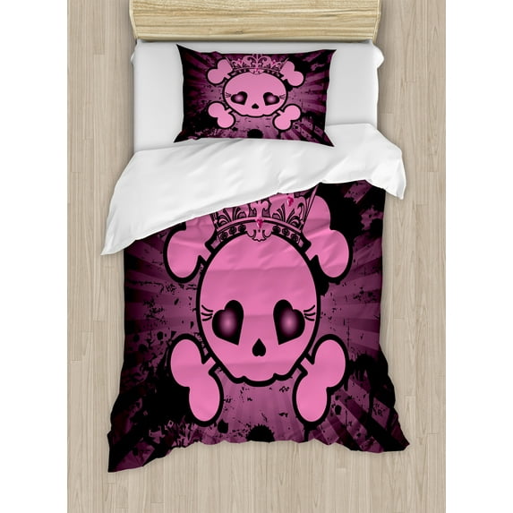 Skull Duvet Cover Set, Illustration Crown Dark Grunge Style Teen Spooky Halloween October Fall Print, Decorative 2 Piece Bedding Set with 1 Pillow Shams, Twin Size, Pink Black, by Ambesonne