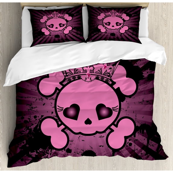Skull Duvet Cover Set, Illustration Crown Dark Grunge Style Teen Spooky Halloween October Fall Print, Decorative 3 Piece Bedding Set with 2 Pillow Shams, King Size, Pink Black, by Ambesonne