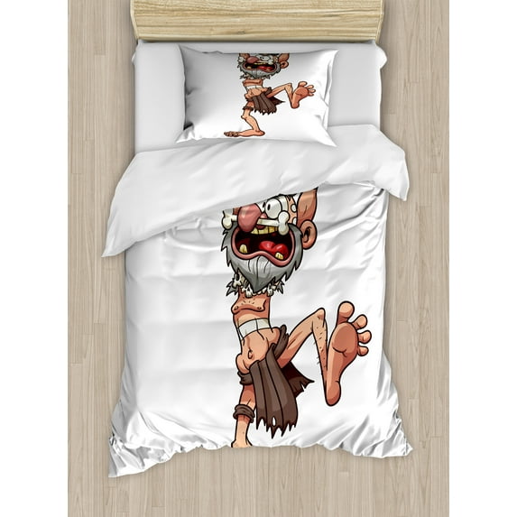 Skull Duvet Cover Set, Prehistoric Witch Doctor Holding a Staff with a Skull in His Hands Illustration, Decorative 2 Piece Bedding Set with 1 Pillow Shams, Twin Size, White and Brown, by Ambesonne