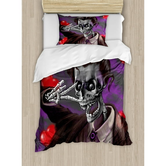 Skull Duvet Cover Set, Romantic Skeleton Handsome Corpse Groom with Tuxedo Hearts in the Backdrop Print, Decorative 2 Piece Bedding Set with 1 Pillow Shams, Twin Size, Black and Red, by Ambesonne