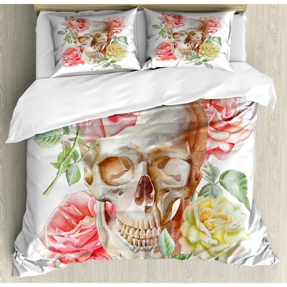 Skull Duvet Cover Set, Roses Living and the Dead Humor Romantic Evil Face Image Art Design, Decorative 3 Piece Bedding Set with 2 Pillow Shams, Queen Size, Pink Beige Yellow, by Ambesonne