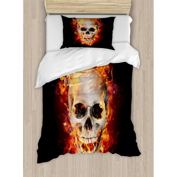 Skull Duvet Cover Set, Scary Skeleton Head with in Darkness Gothic Design, Decorative 2 Piece Bedding Set with 1 Pillow Shams, Twin Size, Seal Brown Orange Dusk, by Ambesonne
