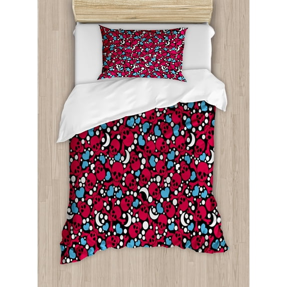 Skull Duvet Cover Set, Smiling Red Skulls with Hearts Moons and Dots Pattern on Black Backdrop Illustration, Decorative 2 Piece Bedding Set with 1 Pillow Shams, Twin Size, Multicolor, by Ambesonne