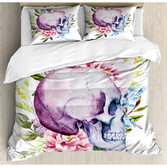 Skull Duvet Cover Set, Watercolor Abstract Dead Human Head with Floral Details Leaves Buds Flowers Print, Decorative 3 Piece Bedding Set with 2 Pillow Shams, Queen Size, Multicolor, by Ambesonne