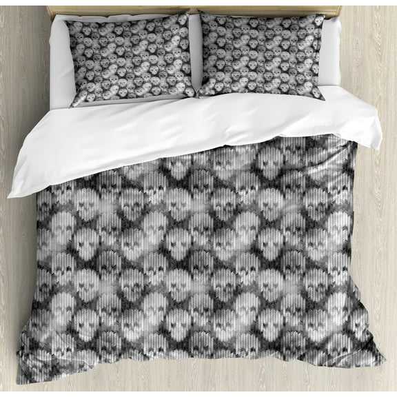 Skull Duvet Cover Sets, Knitting Chevron Texture with Brainpan Head Bone Ghostly Creepy Pattern Image, Bedding Set with 2 Duvet Covers & 4 Pillowcases, 2 Pack King Size, Grey Black White, by Ambesonne
