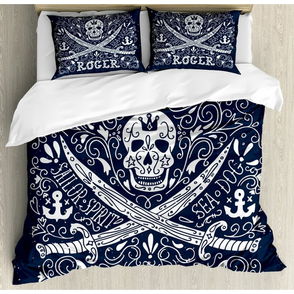 Ambesonne Skull Duvet Cover Sets, Pirates Jolly Roger Flag, 2-Queen, Dark Blue and White
