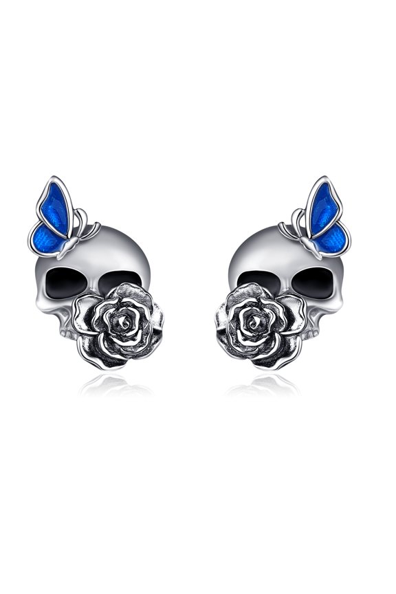 Skull Earrings 925 Sterling Silver Skull Butterfly Stud Goth Gothic Earrings Skeleton Jewelry Gift for Women Men