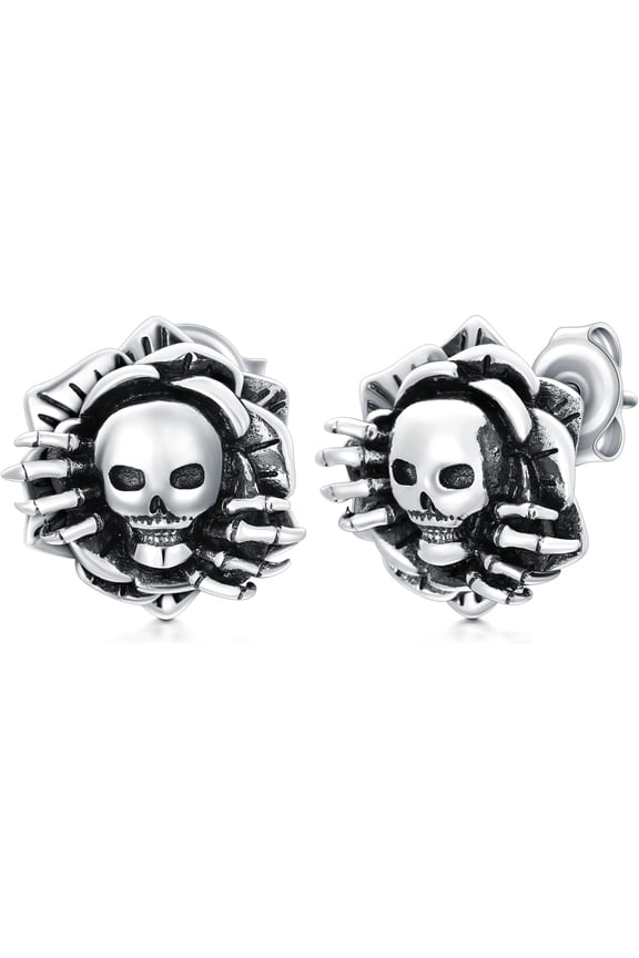 Skull Earrings Sterling Silver Gothic Flower Stud Earrings Vintage Skeleton Jewelry Gifts for Women Men