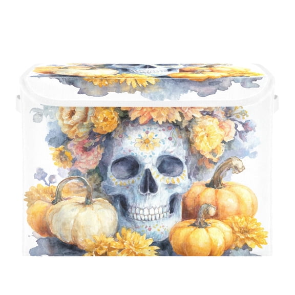 Skull with Elegant Garland Pumpkins Halloween Foldable Storage Bins with Lids Handles Collapsible Storage Containers Tote Boxes 16.5 x 12.6 x 11.8 inches
