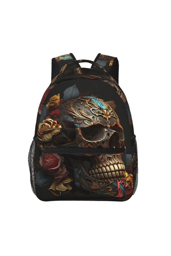 Skull Evil Mexican Sugar Roses Backpack Casual College Bag Zipper Laptop Daypack Hiking Rucksack Travel