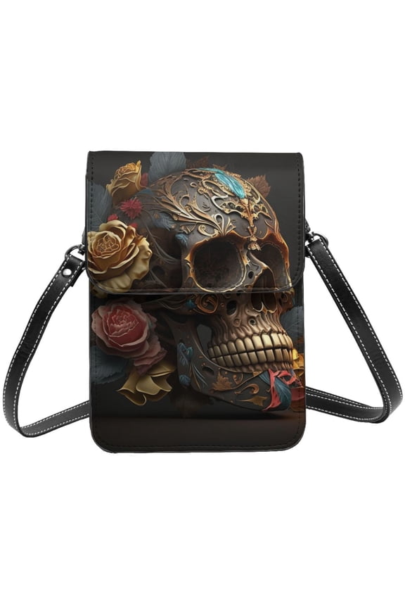 Skull Evil Mexican Sugar Roses Cell Phone Purse Small Crossbody Bag with Strap Credit Card Slots Leather Shoulder Wallet for Women