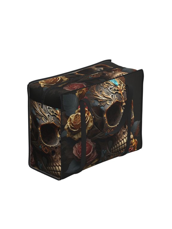 Skull Evil Mexican Sugar Roses Large Reusable Shopping Bag with Zipper Foldable Tote Grocery Bag for Shopping, Travel, Beach, Picnic