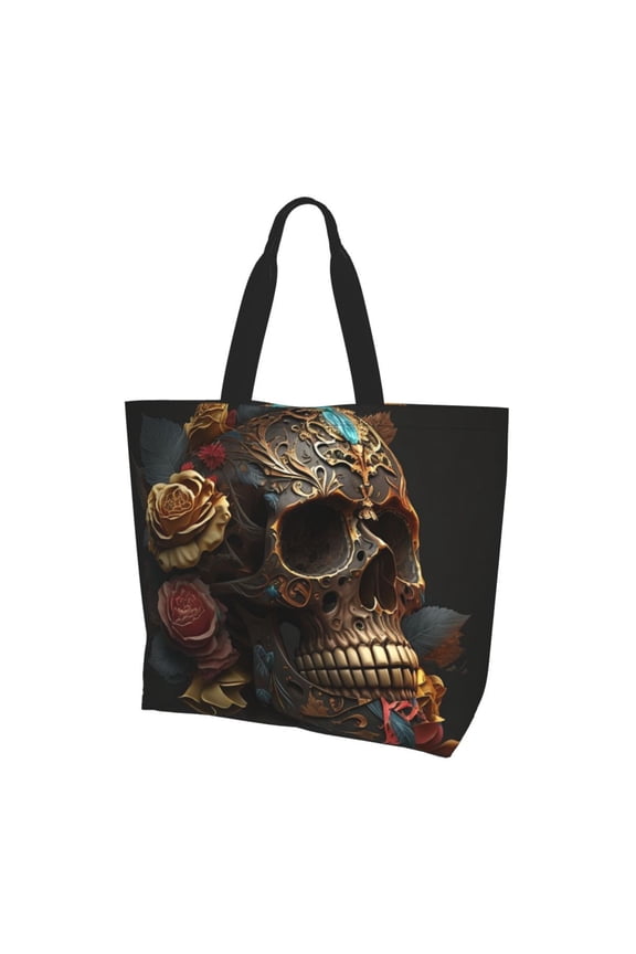 Skull Evil Mexican Sugar Roses Women Reusable Bag Large Shoulder Handbag Top Handle Purse Tote